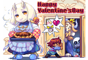 &lt;3 ambiguous_gender angry animated animated_skeleton apron asgore_dreemurr bone boss_monster caprine clothing crown cute digital_media_(artwork) female food gastropod goat grin holidays human humanoid looking_at_viewer loop low_res male mammal pie pixel_(artwork) pixel_animation protagonist_(undertale) sans_(undertale) shigeruarsw simple_background skeleton slippers smile snail text toriel undead undertale valentine's_day video_games white_background yellow_eyes