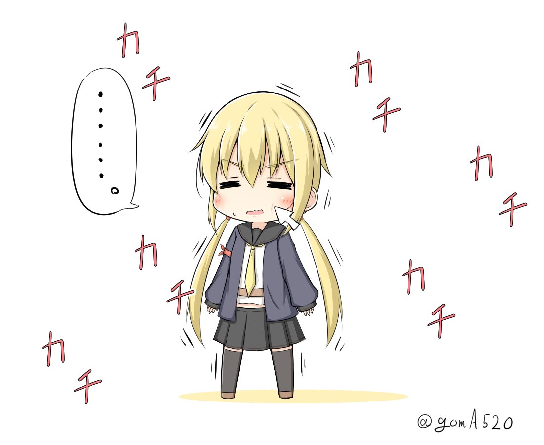 ... 1girl black_legwear black_skirt blonde_hair blue_jacket chibi commentary_request crescent crescent_moon_pin cursor eyes_closed full_body goma_(yoku_yatta_hou_jane) jacket kantai_collection kneehighs long_hair low_twintails neckerchief open_mouth pleated_skirt remodel_(kantai_collection) satsuki_(kantai_collection) simple_background skirt solo spoken_ellipsis standing thighhighs translation_request twintails twitter_username white_background yellow_neckwear