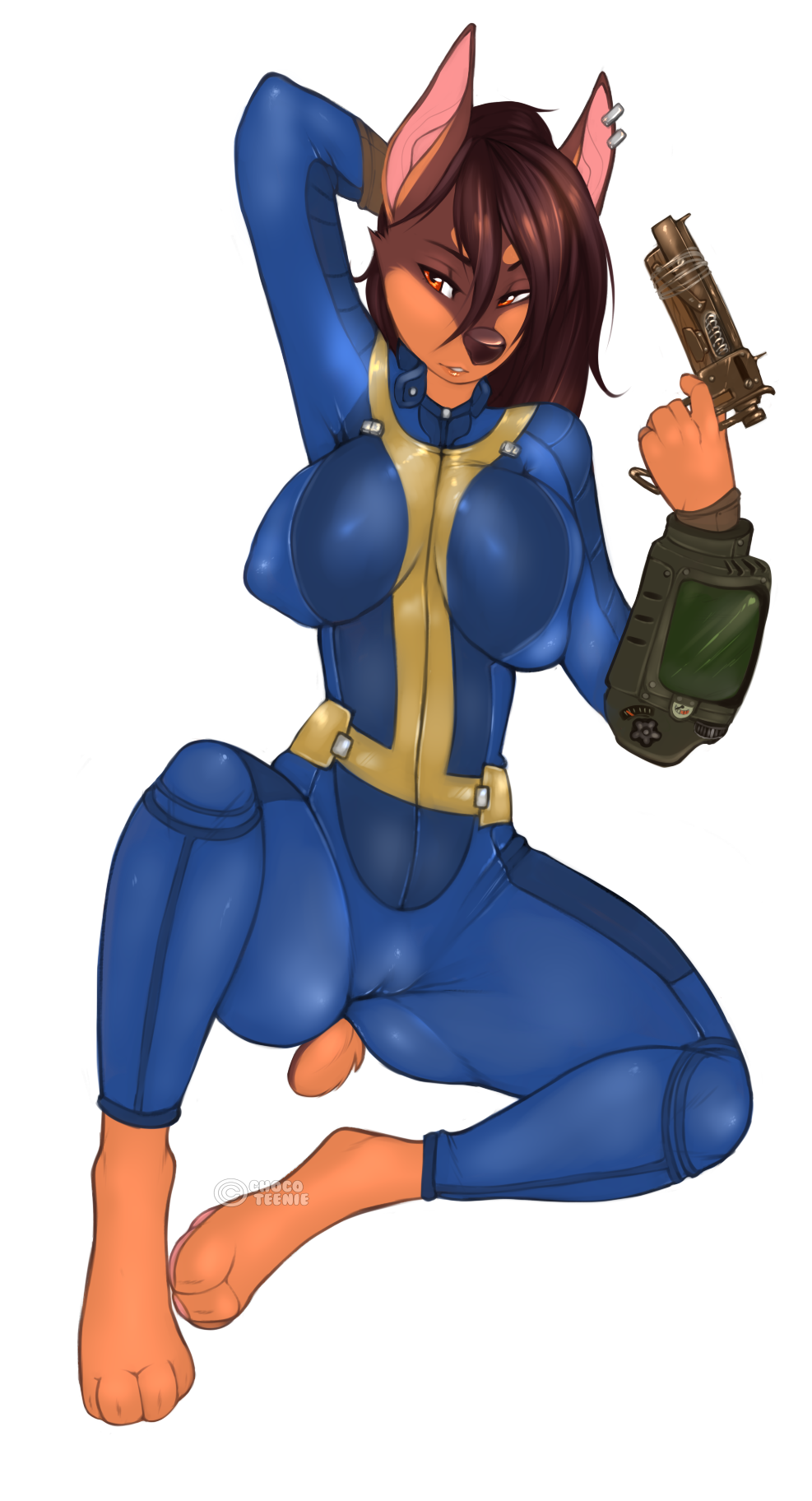 amber_eyes brown_hair camel_toe canine chocoteenie clothed clothing doberman dog ear_piercing fallout female hair half-closed_eyes hand_behind_head looking_at_viewer mammal nipple_bulge piercing pipboy pipe_gun simple_background sitting solo tami_(poonani) vault_suit video_games white_background