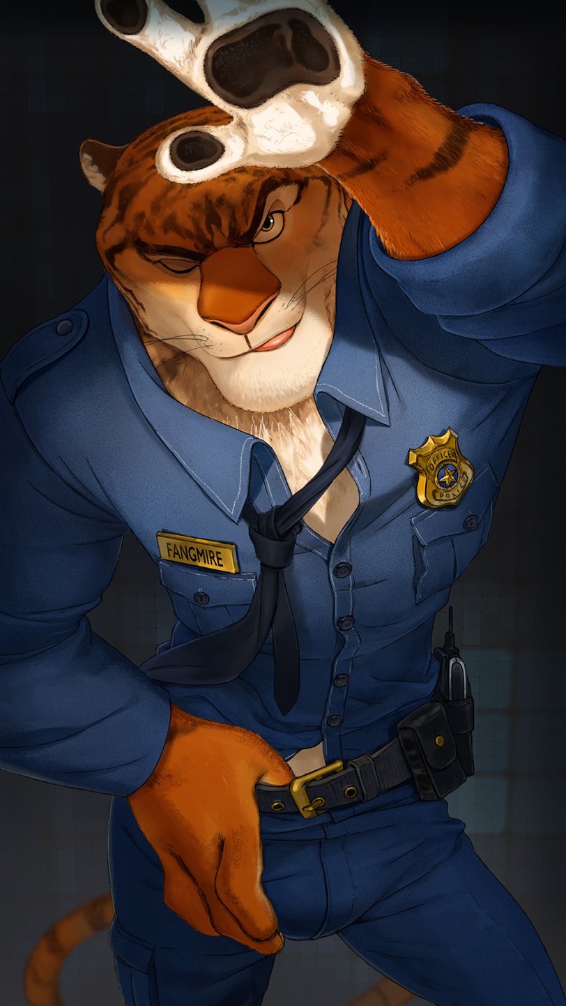 2016 anthro bulge clothing disney feline hiromatsu male mammal necktie officer officer_fangmire pants police seductive solo tiger uniform zootopia