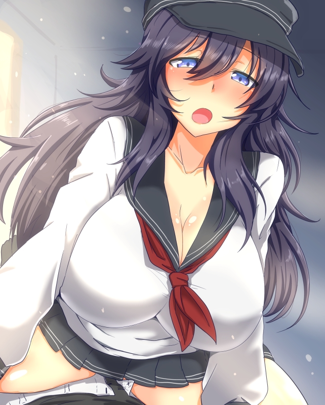 :o akatsuki_(kantai_collection) black_hair black_skirt blue_eyes blush breasts collarbone commentary_request cowgirl_position flat_cap hair_between_eyes hat huge_breasts i_b_b_e indoors kantai_collection long_hair long_sleeves looking_at_viewer messy_hair neckerchief older open_mouth pleated_skirt red_neckwear school_uniform serafuku skirt solo straddling thighs
