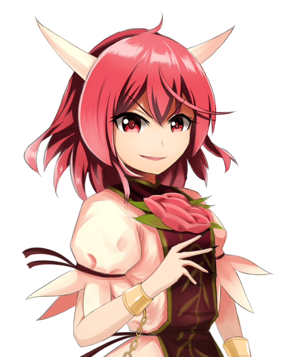 1girl ahoge blouse chains cuffs eyebrows_visible_through_hair fingernails flower horns ibaraki_douji's_arm leaf looking_at_viewer medium_hair oni_horns pink_hair puffy_short_sleeves puffy_sleeves rose shackles sharp_fingernails short_sleeves slit_pupils solo spoilers tabard touhou white_background wuwusan