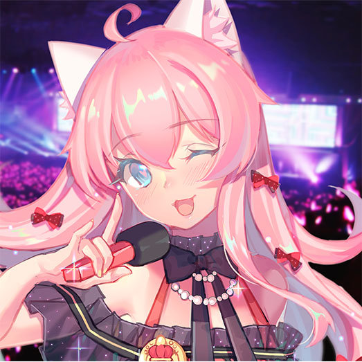 ahoge animal_ears bow bowtie cat_ears clothing_request commentary commentary_request fiodo heart heart-shaped_pupils jewelry long_hair microphone necklace one_eye_closed open_mouth original pink_hair ribbon see-through symbol-shaped_pupils xiao_me