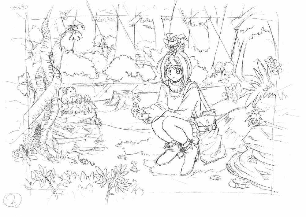 forest greyscale kururu_(rhapsody) marl_kingdom monochrome nature rhapsody ryoji_(nomura_ryouji) sketch smile