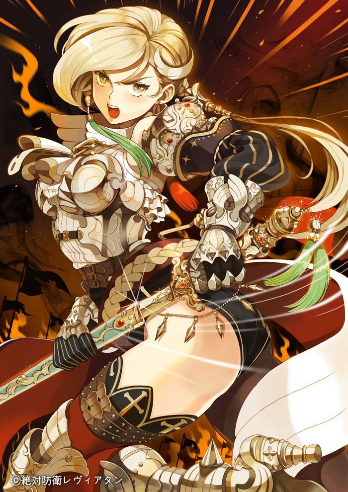 armor armored_boots ass blonde_hair boots breastplate gauntlets inzup long_hair open_mouth original sheath side_ponytail solo sparkle sword thighhighs unsheathing weapon yellow_eyes zettai_bouei_leviathan