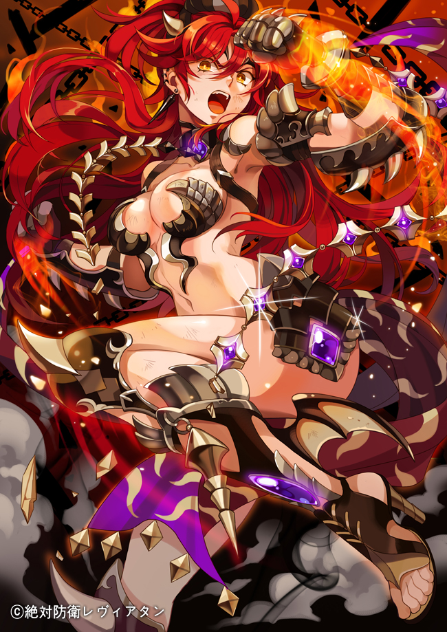armor bikini_armor breasts chain clenched_hand fire gem high_heels horns inzup large_breasts long_hair open_mouth orange_eyes original red_hair revealing_clothes solo toes zettai_bouei_leviathan