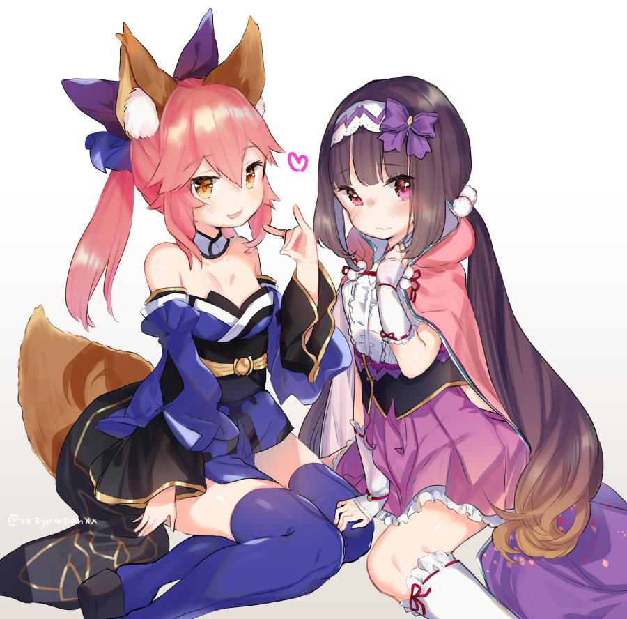 2girls animal_ear_fluff animal_ears bare_shoulders black_hair blue_legwear bow breasts cloak collar detached_sleeves dress fate/grand_order fate_(series) fox_ears fox_girl fox_shadow_puppet fox_tail frilled_skirt frills hair_bow hairband hood hood_down hooded_cloak japanese_clothes kanro_ame_(ameko) large_breasts low_twintails multiple_girls osakabe-hime_(fate/grand_order) pink_hair pleated_skirt purple_eyes purple_skirt skirt strapless strapless_dress tail tamamo_(fate)_(all) tamamo_no_mae_(fate) twintails