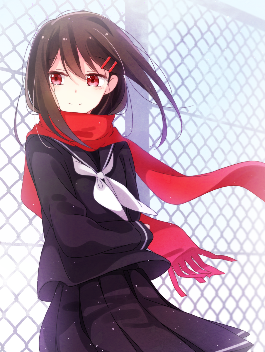 against_fence black_serafuku black_skirt brown_hair chain-link_fence cowboy_shot fence hair_ornament hairclip highres kagerou_project looking_at_viewer looking_to_the_side pleated_skirt red_eyes red_scarf rirako scarf school_uniform serafuku skirt smile solo standing tateyama_ayano wind wins