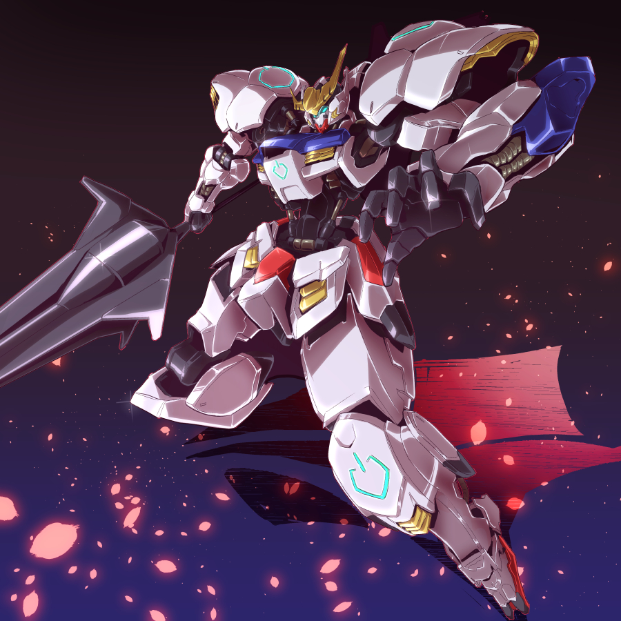 colored_shadow different_shadow glowing glowing_eyes gradient gradient_background gundam gundam_barbatos gundam_tekketsu_no_orphans joints mace mecha no_humans petals pistons sakusakusakurai shadow simple_background solo tekkaman_blade weapon