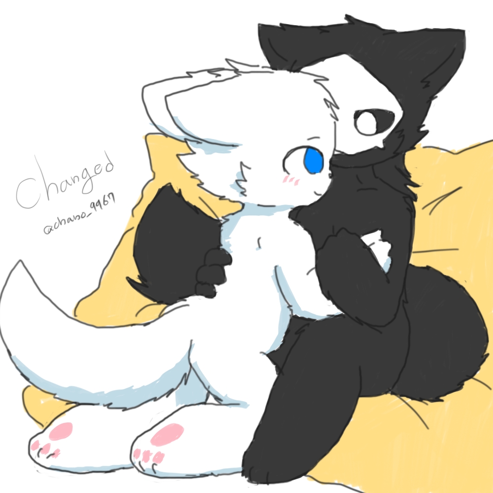 ambiguous_gender anthro black_fur black_sclera black_tail blue_eyes blush canid canine canis changed_(video_game) chano cub digital_media_(artwork) fur huggging lin_(changed) looking_at_another mammal paws puro_(changed) smile white_fur white_tail wolf young