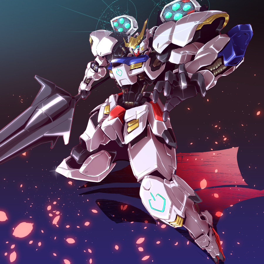 charging colored_shadow different_shadow energy_cannon glowing glowing_eyes gradient gradient_background gundam gundam_barbatos gundam_tekketsu_no_orphans joints mace mecha no_humans petals pistons sakusakusakurai shadow simple_background solo tekkaman_blade weapon