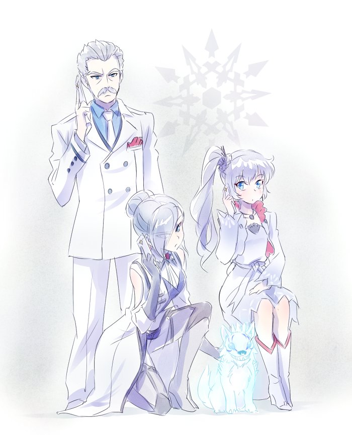 2girls animal blue_eyes boots cellphone dress family gloves hair_over_one_eye iesupa long_hair mr_schnee multiple_girls pet phone rwby short_hair siblings sisters sitting standing suit symbol tie weiss_schnee white_hair winter_schnee