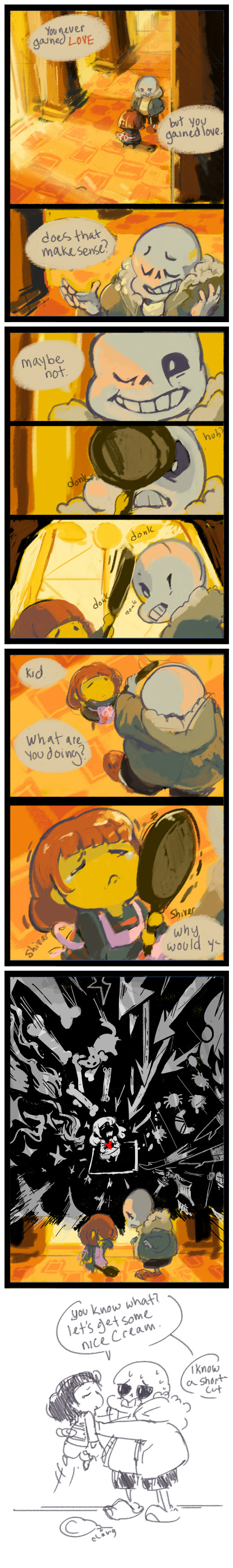 adorable apron bone comic crying cute frisk_(undertale) frying_pan legs pout sad sans spear spider tears trauma undertale