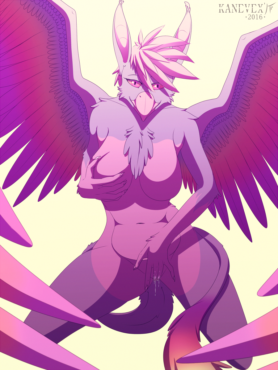 2016 anthro anthrofied avian big_breasts big_ears breasts digital_media_(artwork) feathered_wings feathers female fluffy fur gryphon hair hi_res kanevex looking_at_viewer nude presenting pussy simple_background solo white_background wings