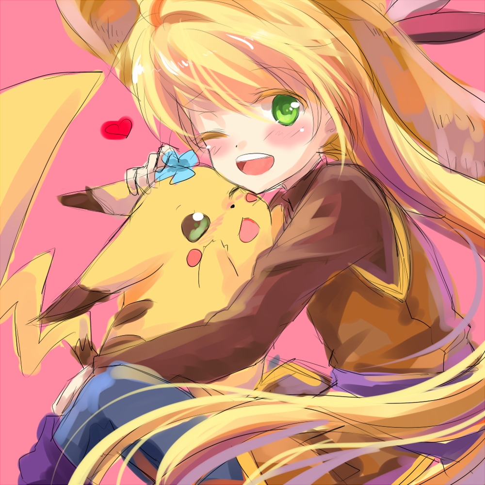 blush_stickers chuchu_(pokemon) colored_eyelashes gen_1_pokemon green_eyes hat heart hug long_hair one_eye_closed open_mouth pikachu pink_background pokemon pokemon_(creature) pokemon_special simple_background sitting smile transistor very_long_hair yellow_(pokemon)