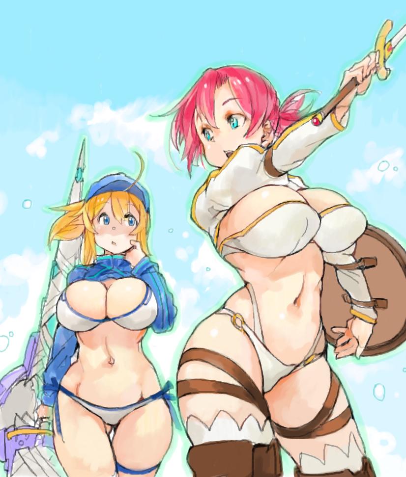 2girls ahoge aqua_eyes arm_up artoria_pendragon_(all) bangs blonde_hair blue_eyes blue_sky boudica_(fate/grand_order) breasts cleavage cloud cloudy_sky commentary_request contrapposto copyright_request cowboy_shot curvy day eye_contact fate/grand_order fate_(series) gluteal_fold hair_between_eyes hand_up hip_bones hip_focus holding large_breasts long_sleeves looking_at_another midriff multiple_girls mysterious_heroine_xx_(foreigner) narrow_waist navel o-ring open_mouth outdoors outstretched_arm pink_hair sachito skindentation sky stomach thigh_gap wide_hips
