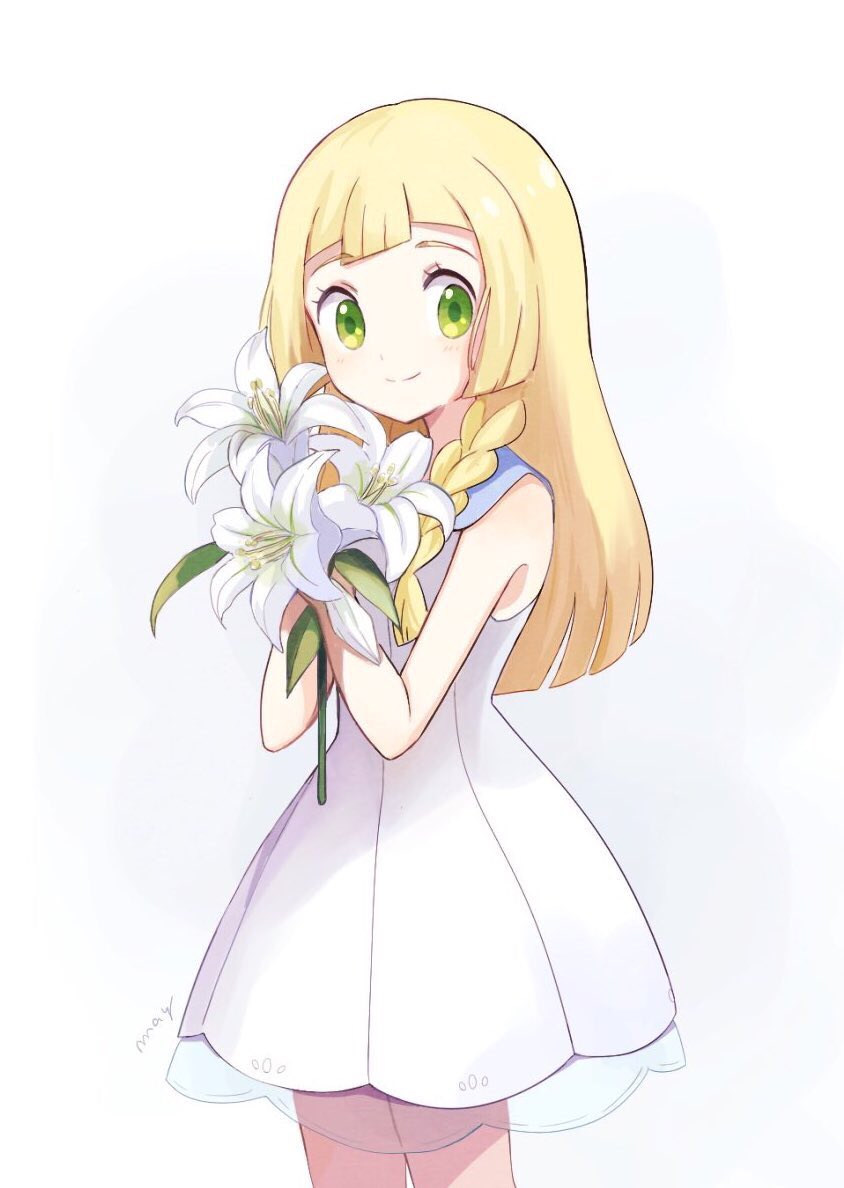 1girl blonde_hair braid creatures_(company) dress flower game_freak green_eyes lillie_(pokemon) lily_(flower) long_hair mei_(maysroom) nintendo pokemon pokemon_(game) pokemon_sm see-through sleeveless sleeveless_dress white_dress