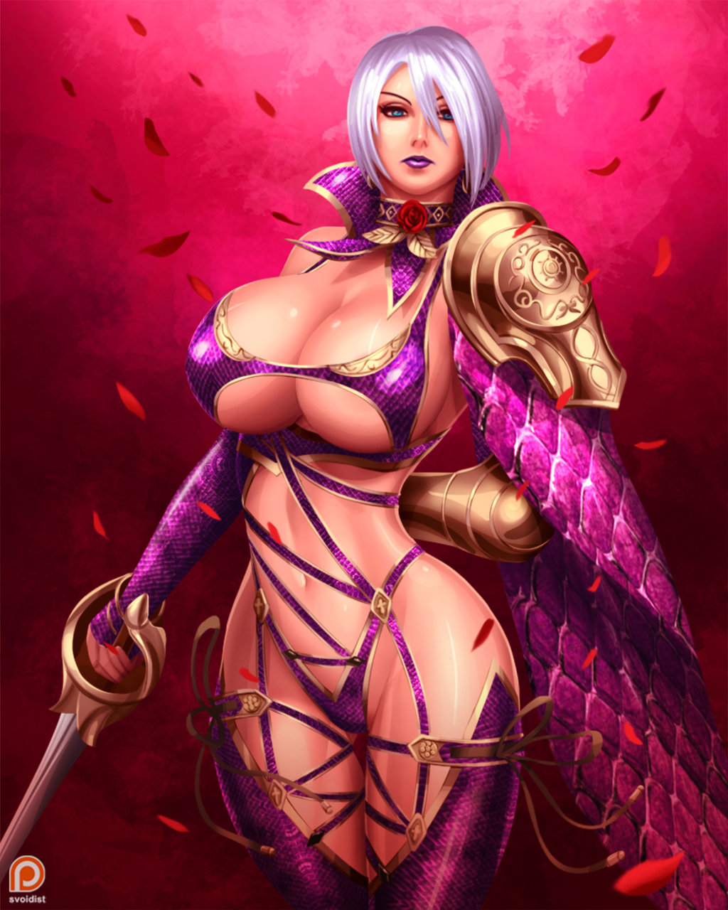 arm_behind_back bangs breasts choker commentary cosplay english_commentary fingerless_gloves fiora_laurent garter_straps gauntlets gloves highres holding holding_weapon huge_breasts isabella_valentine isabella_valentine_(cosplay) jewelry league_of_legends looking_at_viewer pauldrons rapier revealing_clothes sideboob single_gauntlet solo soulcalibur soulcalibur_iv svoidist sword thigh_strap underboob weapon