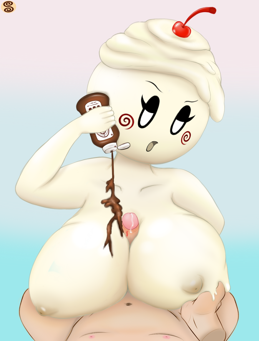 anthro big_breasts breasts chocolate_syrup dessert female first_person_view food huge_breasts human ice_cream male male_pov mammal miss_dollop not_furry penis personification sex solo_focus swizzle titfuck
