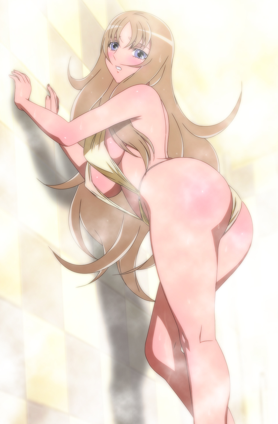 1girl against_wall aquila_yuna ass bare_arms bare_back bare_legs bare_shoulders blonde_hair blue_eyes blush breasts cleavage erect_nipples highres large_breasts legs long_hair looking_at_viewer parted_lips saint_seiya saint_seiya_omega solo standing steam swimsuit thighs yadokari_genpachirou
