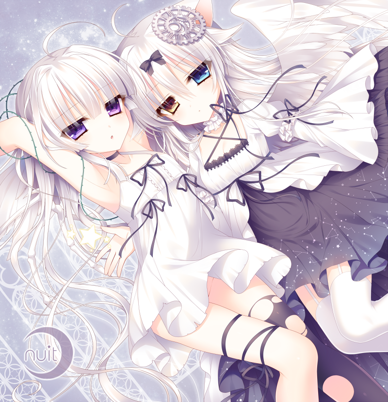 :o animal_ears breasts cat_ears cleavage constellation crescent dress hair_ornament heterochromia long_hair multiple_girls no_panties original rolo_noir silver_hair single_thighhigh small_breasts starry_sky_print thighhighs tsukikage_nemu wings