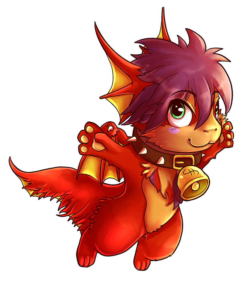 alpha_channel bell blush chibi chibity chibity_(character) collar dragon ear_fins female fin fur furred_dragon green_eyes hair hybrid paws red_fur red_hair simple_background solo spiked_collar transparent_background