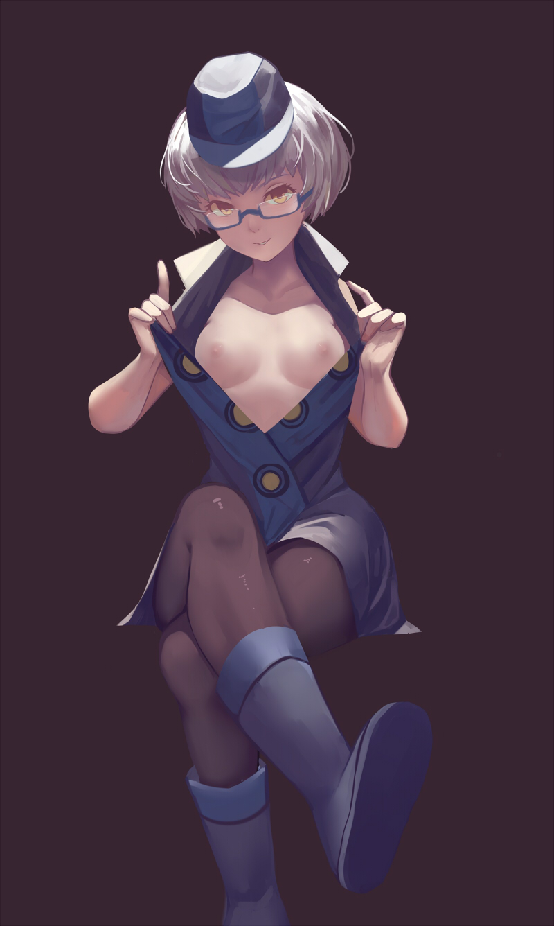 :d bare_shoulders blue-framed_eyewear blue_footwear blue_hat blue_vest boots breasts brown_background brown_legwear collar collarbone crossed_legs elizabeth_(persona) glasses hat highres index_finger_raised looking_at_viewer nipples no_bra open_clothes open_mouth open_vest pantyhose parted_lips persona persona_3 rubber_boots seductive_smile semi-rimless_eyewear short_hair silver_hair simple_background sitting sleeveless small_breasts smile solo teeth under-rim_eyewear undressing vest xiao_chichi