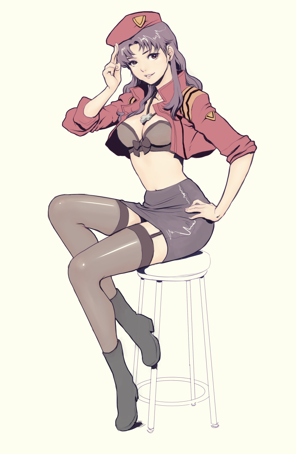 boots breasts flat_color full_body garter_straps hand_on_hip highres jacket jasmin_darnell jewelry katsuragi_misato long_hair long_legs looking_at_viewer medium_breasts midriff necklace neon_genesis_evangelion open_clothes open_jacket parted_lips pencil_skirt pinup simple_background sitting skirt solo stool thighhighs