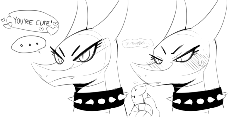 &lt;3 ... black_and_white blush collar cute dialogue dragon embarrassed english_text eyelashes female frown monochrome speech_bubble spiked_collar sunibee sweat text