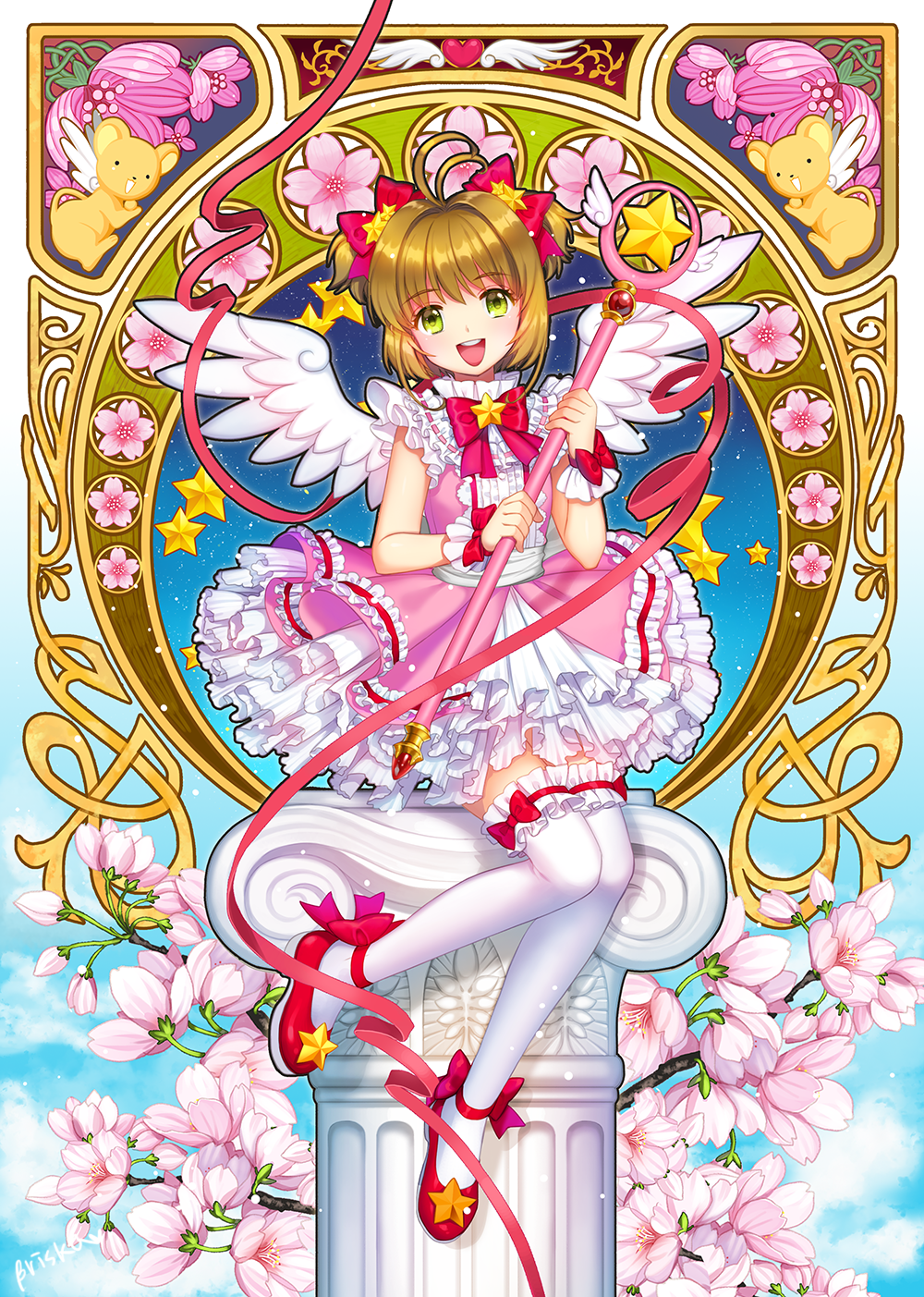 1girl :d angel_wings ankle_bow ankle_ribbon antenna_hair bow briska brown_hair card_captor_sakura dress eyebrows_visible_through_hair feathered_wings full_body garters green_eyes highres kero kinomoto_sakura layered_dress looking_at_viewer magical_girl open_mouth pink_dress red_bow red_footwear ribbon shiny shiny_hair short_dress short_hair sitting sleeveless sleeveless_dress smile solo thighhighs white_legwear white_wings wings wrist_bow wrist_cuffs