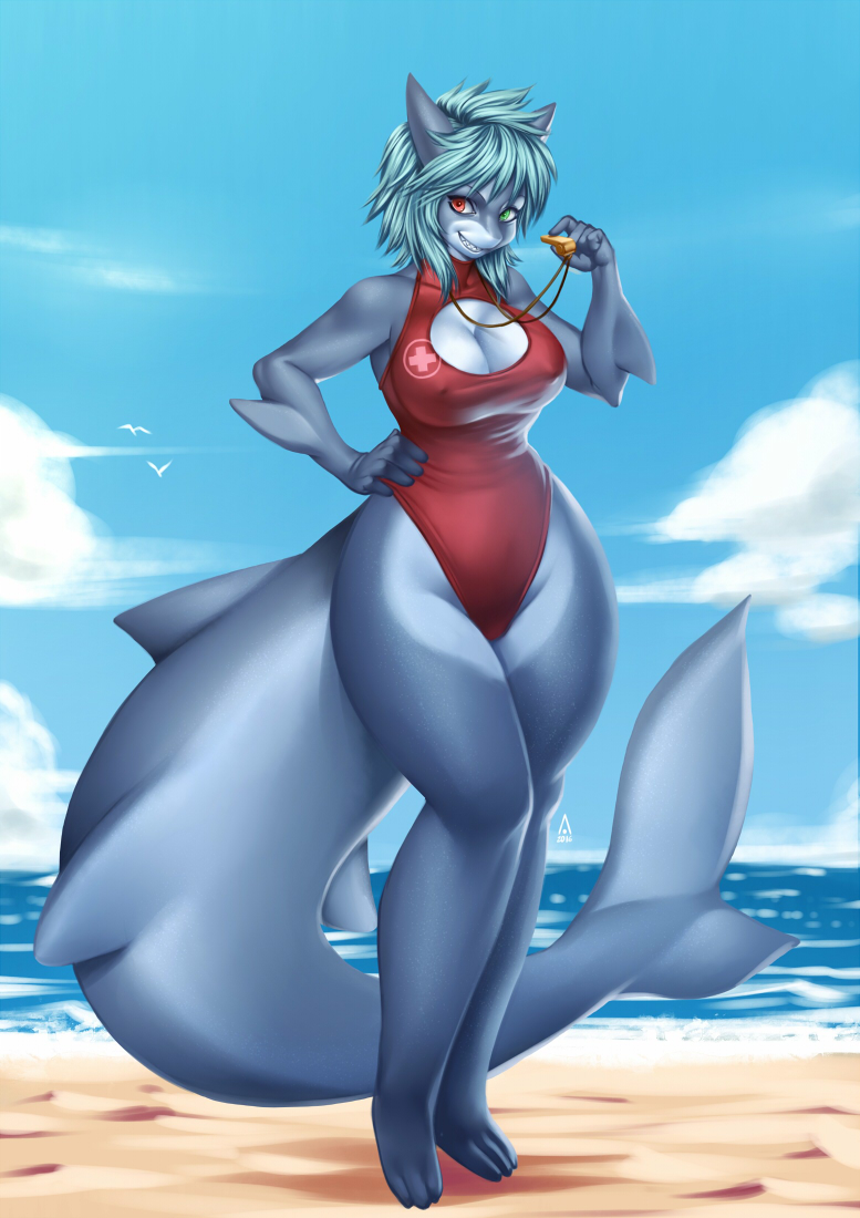 alanscampos beach big_breasts breasts cleavage clothed clothing female fish invalid_tag marine seaside shark smile wide_hips