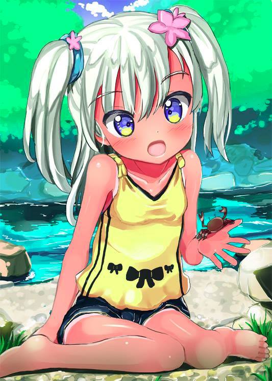 barefoot beach blue_eyes blue_shorts camisole crab dada_(esoragoto) dark_skin flat_chest flower grass hair_bobbles hair_flower hair_ornament hair_ornaments kantai_collection open_mouth pig_tails pixiv ro-500_(kantai_collection) rocks sand short_twintails shorts sitting tied_shirt tree twintails water white_hair yellow_shirt