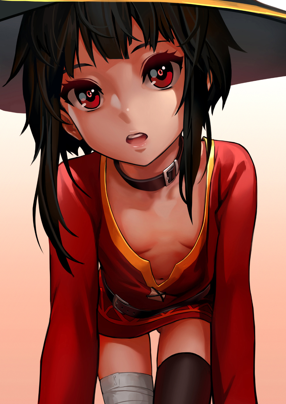 as109 ass_visible_through_thighs bandages belt black_hair black_legwear blush breasts collar collarbone commentary downblouse dress extended_downblouse hat highres kono_subarashii_sekai_ni_shukufuku_wo! lips looking_at_viewer megumin no_bra open_mouth red_eyes revision short_hair single_thighhigh small_breasts solo thighhighs witch_hat