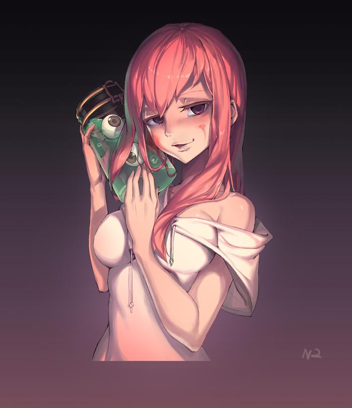 bare_shoulders blood blood_on_face blush creepy_eyes eyeball gradient gradient_background holding hood hoodie horror_(theme) jar long_hair looking_at_viewer newey no_bra off_shoulder open_mouth original pink_eyes pink_hair signature simple_background solo yandere