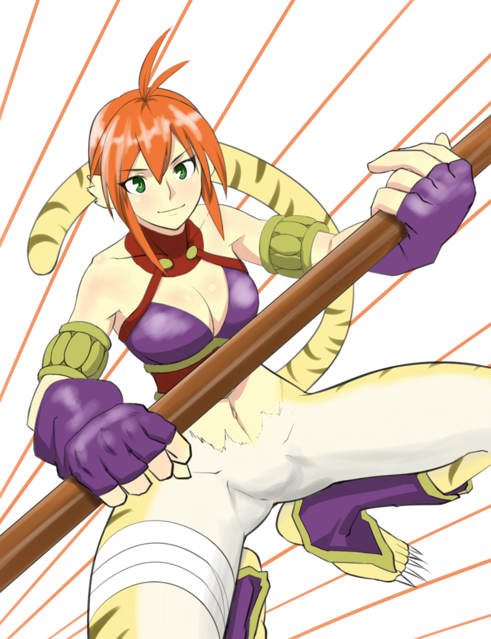 animal_ears blush breasts breath_of_fire breath_of_fire_ii bustier cat_ears cat_tail claws cleavage facial_mark full_body furry gloves green_eyes hakuyou-choun highres large_breasts no_panties no_pants orange_hair pointy_ears red_hair rinpoo_chuan sharp_toenails short_hair solo staff striped tail toenails