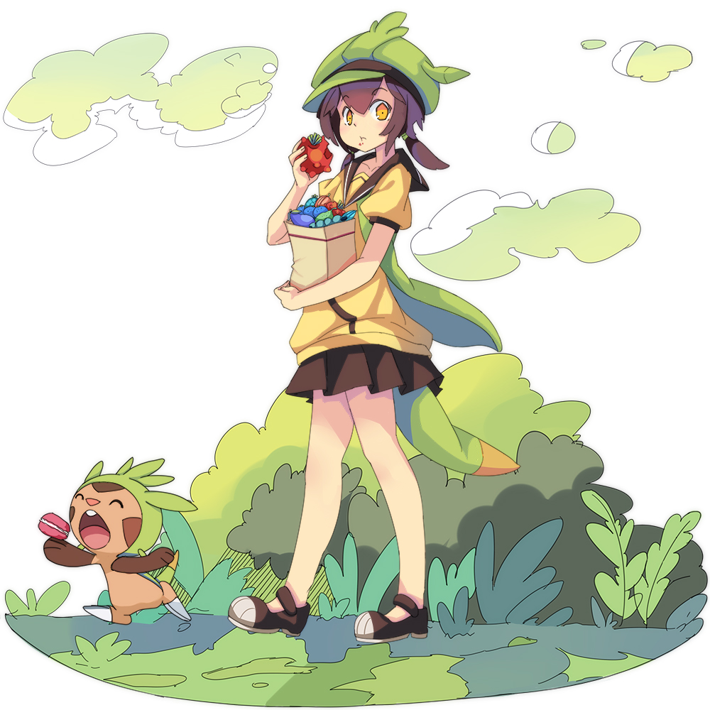 black_skirt box brown_footwear brown_hair brown_skirt carrying_bag chespin closed_eyes creature eating faux_figurine food full_body gen_6_pokemon green_hat hat holding icywood looking_at_viewer miniskirt personification pleated_skirt poffin pokemon pokemon_(creature) round_teeth shoes skirt standing tail teeth yellow_eyes