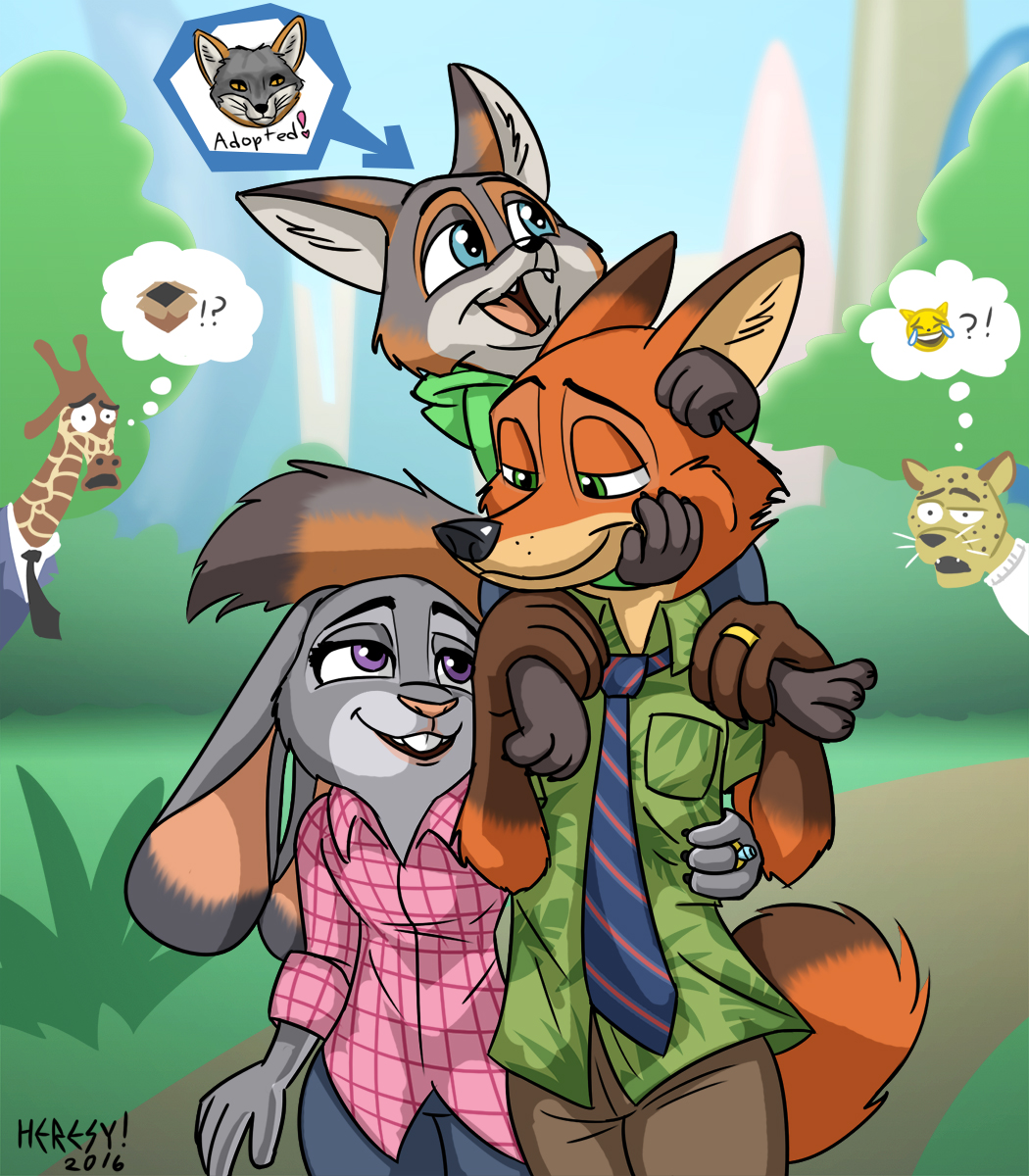 anthro blue_eyes box buckteeth canine cheetah city clothed clothing confusion cub disney english_text eye_contact feline female fox giraffe green_eyes group heresy_(artist) humor judy_hopps lagomorph male mammal necktie nick_wilde outside purple_eyes rabbit romantic_couple smile teeth text thought_bubble wedding_ring young zootopia