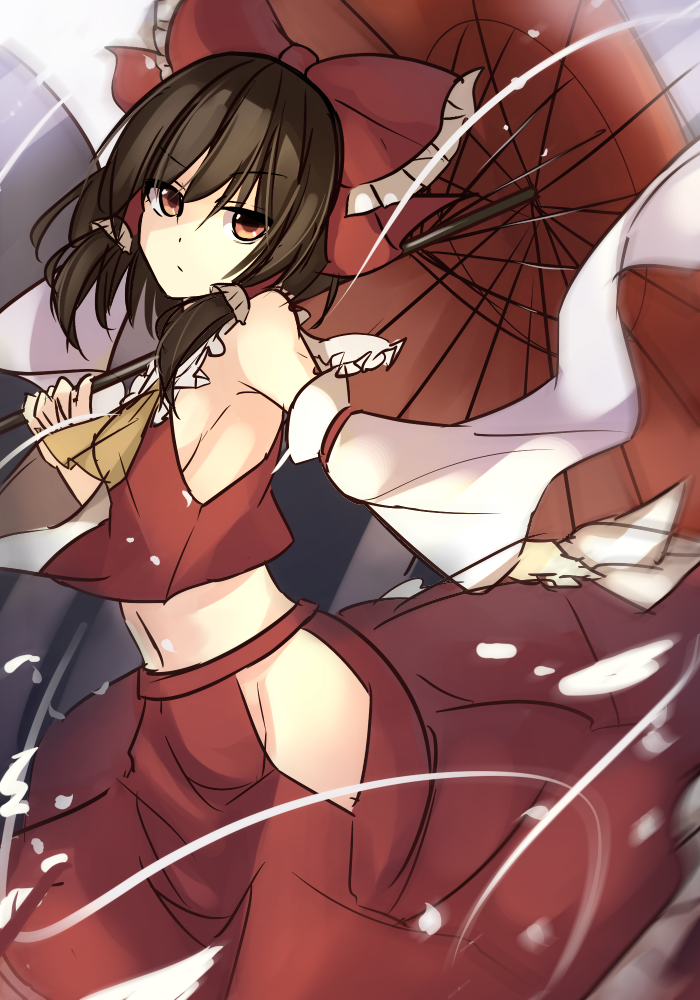 ascot breasts brown_hair colorized commentary_request detached_sleeves hair_ribbon hair_tubes hakurei_reimu hip_vent janne_cherry japanese_clothes long_sleeves looking_at_viewer midriff miko navel no_bra no_panties ofuda oriental_umbrella red_eyes ribbon shirt short_hair sideboob sketch skirt skirt_set small_breasts solo touhou umbrella wide_sleeves