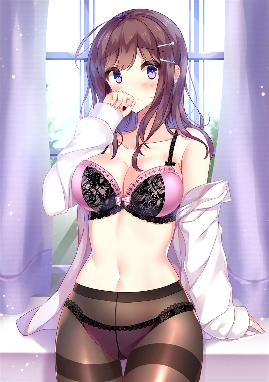 1girl arm_support armpit_crease bangs bare_shoulders blush bra breasts brown_hair brown_legwear cleavage closed_mouth collarbone commentary_request cowboy_shot curtains day dress_shirt eyebrows_visible_through_hair glint hair_ornament hairclip hand_up hayakawa_(hayakawa_illust) highres indoors lace lace-trimmed_bra lace-trimmed_panties large_breasts light_particles lingerie long_hair long_sleeves looking_at_viewer navel off_shoulder open_clothes open_shirt original panties panties_under_pantyhose pantyhose pink_bra pink_panties purple_eyes shirt sidelocks sleeves_past_wrists solo stomach thighband_pantyhose underwear white_shirt window