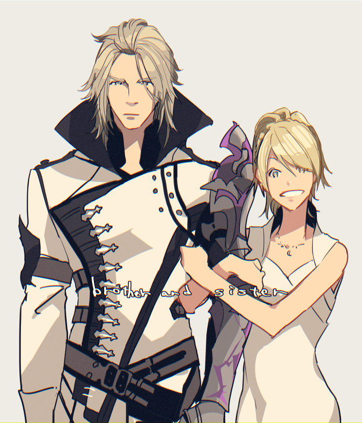 1boy 1girl arm_hug blonde_hair brother_and_sister dress final_fantasy final_fantasy_xv grin high_collar long_coat lunafreya_nox_fleuret mad369 prosthesis prosthetic_arm ravus_nox_fleuret siblings smile white_coat white_dress white_hair