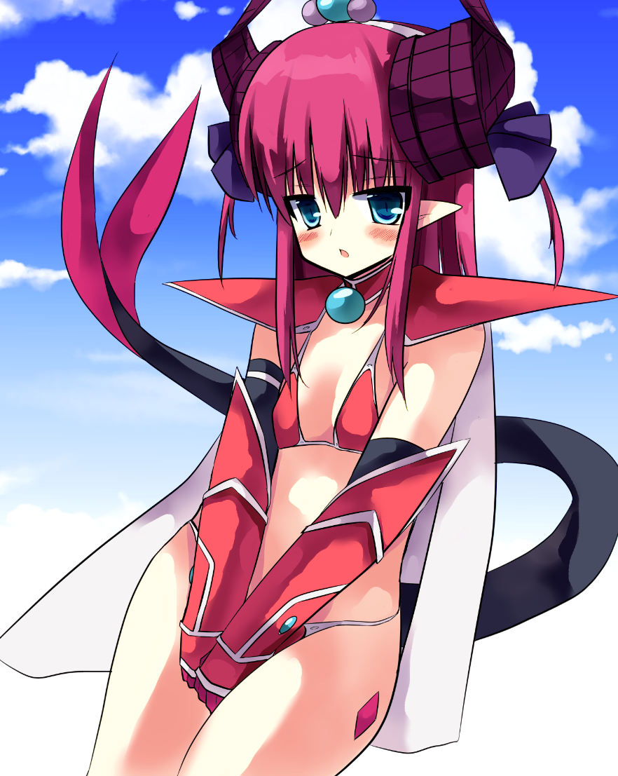 1girl armor bangs between_legs bikini bikini_armor blue_eyes blue_sky blush cape choker cloud cowboy_shot curled_horns day dragon_girl dragon_horns dragon_tail elizabeth_bathory_(brave)_(fate) elizabeth_bathory_(fate) elizabeth_bathory_(fate)_(all) eyebrows_visible_through_hair fate/grand_order fate_(series) female gradient gradient_background hair_between_eyes hair_ribbon hairband hand_between_legs hands_together have_to_pee horns looking_at_viewer open_mouth outdoors pauldrons pink_hair pointy_ears purple_ribbon red_armor red_bikini red_choker ribbon ruugaruu sky solo standing swimsuit tail tied_hair two_side_up v_arms white_cape white_hairband