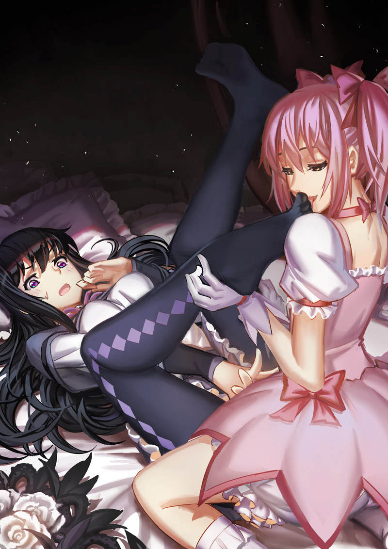 akemi_homura ankle_grab argyle argyle_legwear back bangs between_legs black_hair bloomers blush bow breasts capelet choker curtains embarrassed eyelashes feet flower foot_licking foot_worship frilled_pillow frilled_skirt frills hair_between_eyes hair_bow hair_ribbon hairband half-closed_eyes hand_between_legs indoors kaname_madoka kneeling large_breasts legs_up licking long_hair looking_at_viewer lying magical_girl mahou_shoujo_madoka_magica multiple_girls no_shoes on_back on_bed open_clothes pantyhose pillow pink_bow pink_hair pleated_skirt puffy_short_sleeves puffy_sleeves purple_eyes pushing_away ribbon role_reversal rose shade short_sleeves short_twintails skirt smile streamingsun sweat thorns tongue tongue_out twintails underwear white_flower white_legwear white_rose yellow_eyes yuri