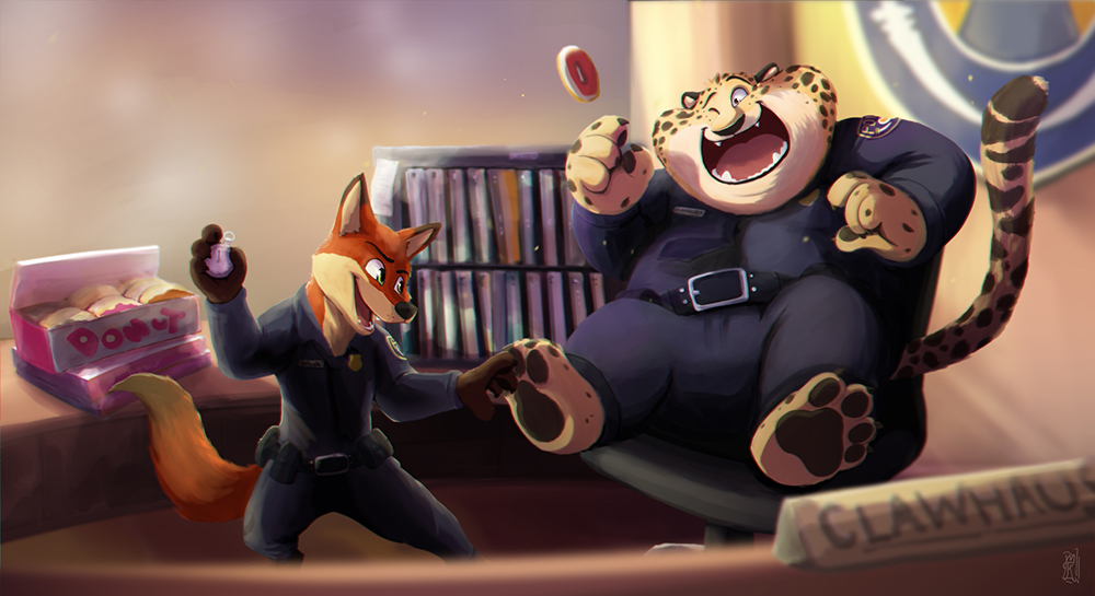 anthro benjamin_clawhauser canine cheetah clothing digital_media_(artwork) disney feline food fox fur happy hi_res laugh male mammal merfiller_(artist) nick_wilde open_mouth orange_fur overweight smile solo tickling uniform zootopia