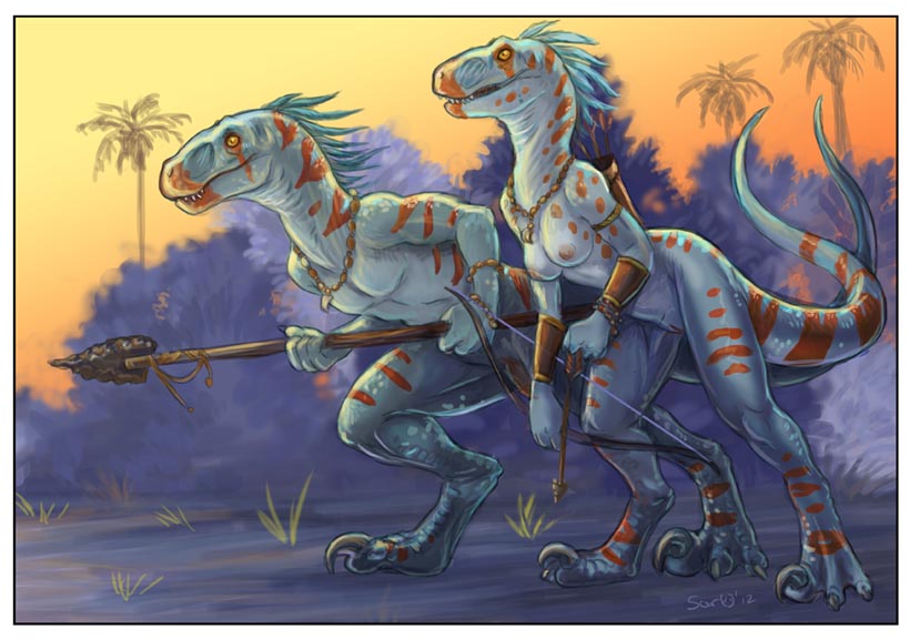 areola bow_(weapon) breasts caribou_(artist) dinosaur duo female flaccid garrjiv holding_object holding_weapon hunter male melee_weapon nipples non-mammal_breasts nude outside penis polearm pussy quiver ranged_weapon ranyspa raptor spear standing theropod tribal weapon