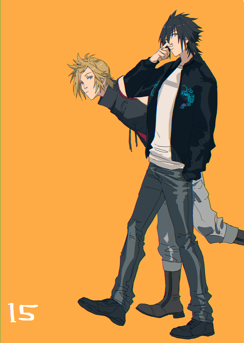 2boys bent_over black_hair blonde_hair final_fantasy final_fantasy_xv finger_to_nose jacket letterman_jacket looking_at_viewer mad369 male_focus multiple_boys noctis_lucis_caelum orange_background peeking_out prompto_argentum sideways_glance simple_background standing standing_on_one_leg