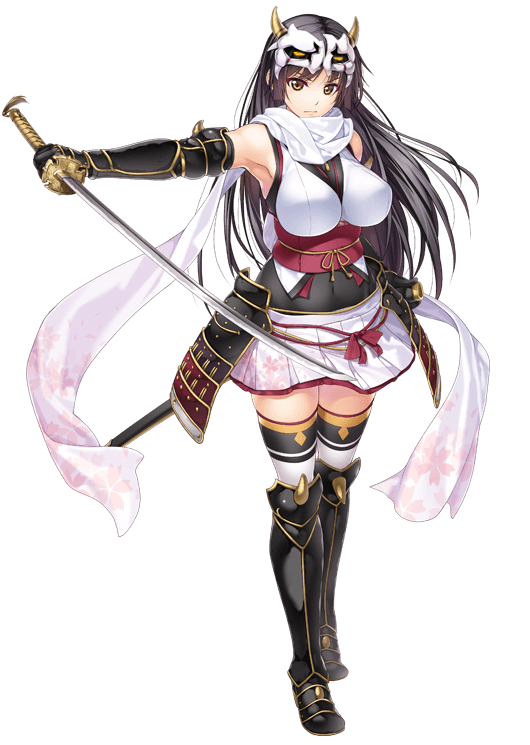 alpha_transparency armor black_hair breasts chobipero daihannya_nagamitsu_(tenka_hyakken) full_body huge_breasts impossible_clothes japanese_armor long_hair mask miniskirt official_art scarf skirt solo sword tenka_hyakken transparent_background weapon white_scarf yellow_background
