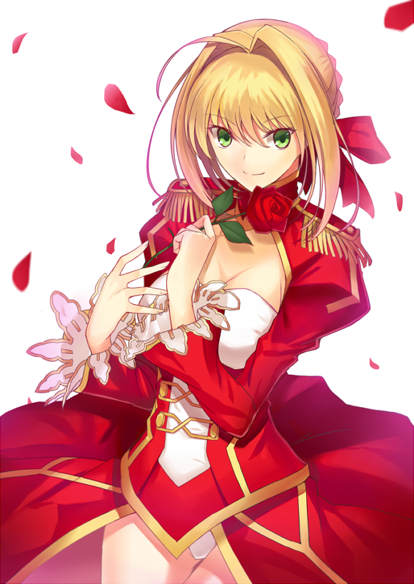 ass_visible_through_thighs blonde_hair bow breasts cleavage epaulettes fate/extra fate_(series) flower green_eyes hair_bow kauto medium_breasts nero_claudius_(fate) nero_claudius_(fate)_(all) panties petals puffy_sleeves rose see-through smile solo underwear