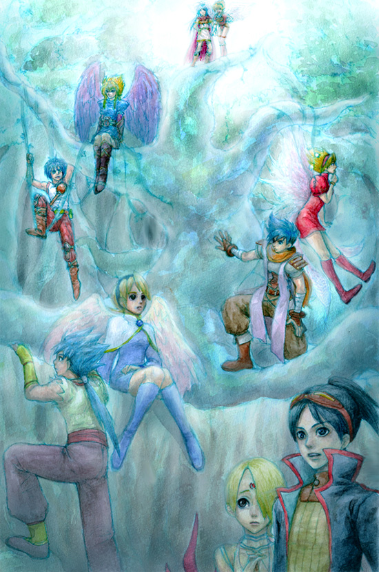 alternate_hair_color angel_wings black_wings blonde_hair blue_eyes blue_hair boots breasts breath_of_fire breath_of_fire_i breath_of_fire_ii breath_of_fire_iii breath_of_fire_iv breath_of_fire_v capcom crossover dress knee_boots legs long_hair multiple_boys multiple_girls nina_(breath_of_fire_i) nina_(breath_of_fire_ii) nina_(breath_of_fire_iii) nina_(breath_of_fire_iv) nina_(breath_of_fire_v) ryuu_(breath_of_fire_i) ryuu_(breath_of_fire_ii) ryuu_(breath_of_fire_iii) ryuu_(breath_of_fire_iv) ryuu_(breath_of_fire_v) short_hair thighs wings