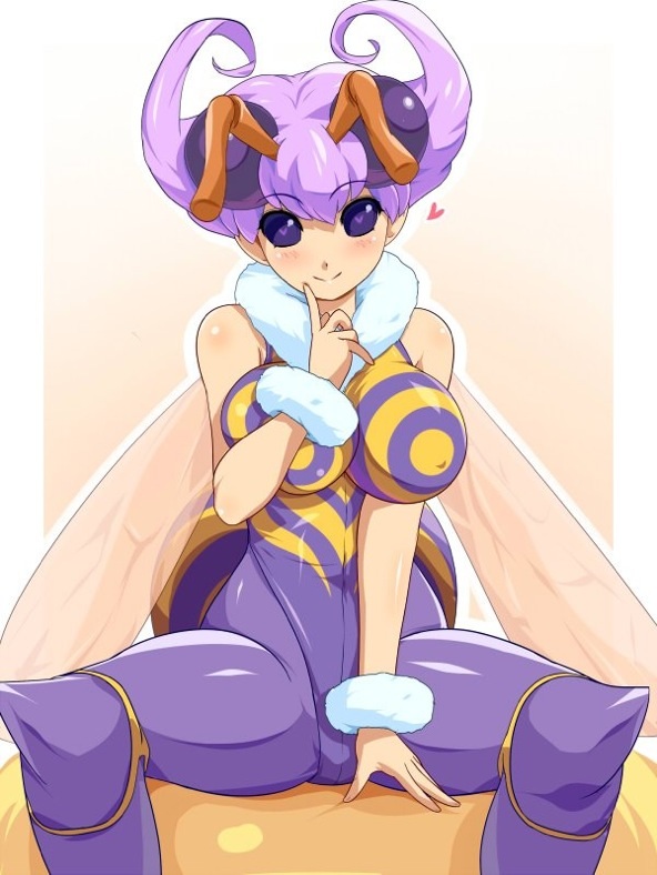antennae bed blush breasts capcom extra_eyes heart heart-shaped_pupils konpeto large_breasts looking_at_viewer monster_girl multiple_eyes purple_hair q-bee solo symbol-shaped_pupils vampire_(game) wings