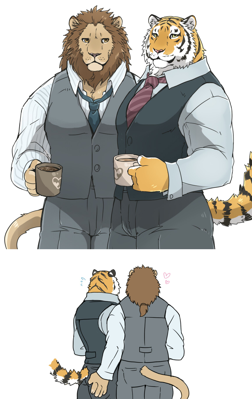 &lt;3 barazoku beverage big_muscles black_fur brown_fur butt butt_grab clothed clothing coffee digital_media_(artwork) duo feline food fur giraffe_(artist) hand_on_butt lam-chan lion lion-san looking_at_viewer male male/male mammal mane muscular muscular_male necktie orange_fur portrait romantic_couple simple_background suit tiger white_background white_fur yellow_eyes
